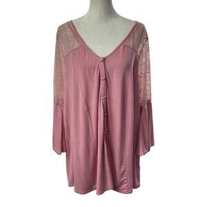 TORRID Women Super Soft Long Bell Sleeves Lace Accents Tunic Sz 2X Pink 2-14